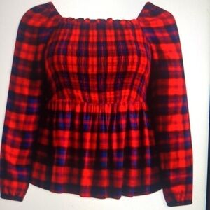 Torrid Red Blue Plaid Smocked Bodice Top